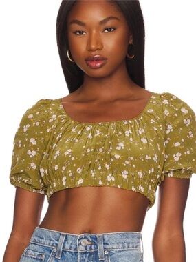 REVOLVE Anna Nata Olive Green Floral Puff-Sleeve Crop Top small